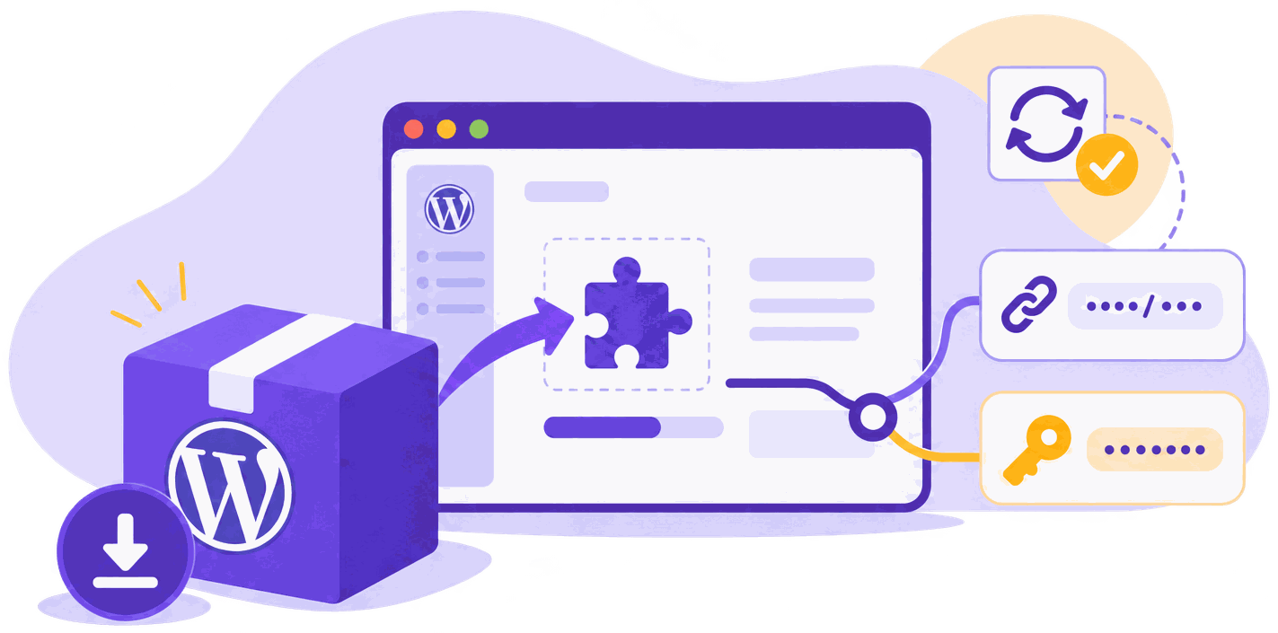 Illustration: die Erweiterung wird in WordPress eingefügt, dazu Adresse und Schlüssel